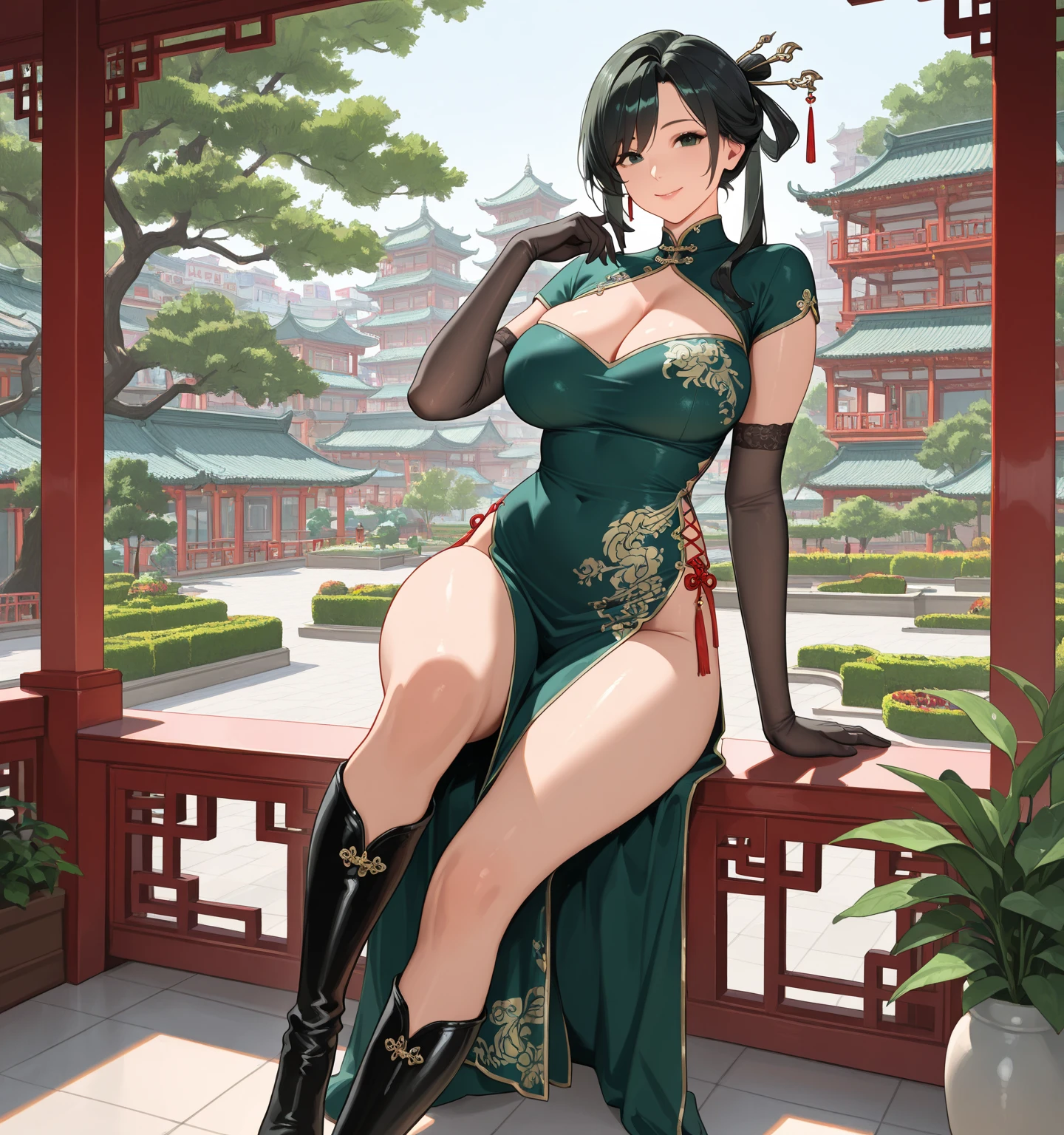 A woman in tight clothes, in a Chinese garden, Chinese palace in the background, autumn themed, with peacocks around, smiling, brown eyes, black hair with dark green details, large breasts, ultra resolution, well defined, masterpiece , 4K