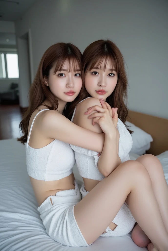 two women sitting on a chair in a room with a window, two girls, two japanese schoolgirls posing, sakimichan, with a twin, posing together in bra, two models in the frame, long ginger hair, sakimichan hdri, alena aenami and lilia alvarado, twins, conjoined, share legs, 