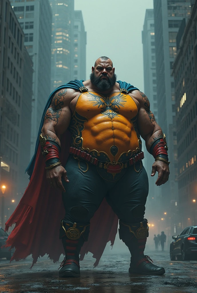 Dark-skinned man with a big belly wearing a white combat suit covering his mouth and chin , he has an S symbol on his chest , He has fancy bracelets and his bracelets release a white gas, he also has a sense of utility, and also a black cape fighting half-naked women in the street