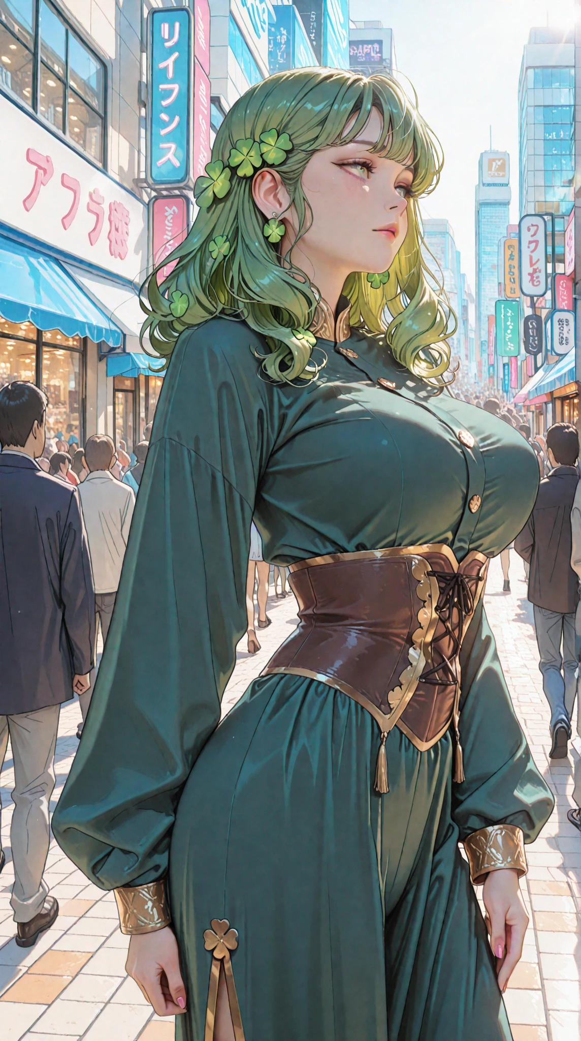 High resolution, masterpiece, Perfect lighting, bloom, night, dark, Cinema Lighting, Adult, woman, View your viewers, Wide Shot, (White Background:1), (RSEemma:1.5), steampunk, One person, (More clothes:1.5), (Clothing variations, Multiple Views:1), (Three-View), whole body, cute Pause, (dynamic_Pause:1.2), Bright green eyes, Thick eyebrows, freckles, bangs, Black Hair:Pink Hair, long flowing hair, ponytail, :), smile,