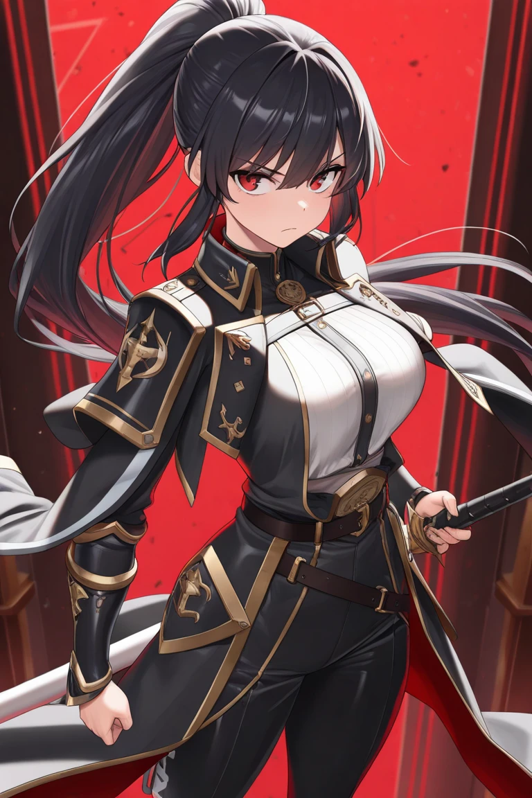 Mature Girl with long dark onyx hair, dark onyx eyes,tall rectangular body figure,red and white uniform