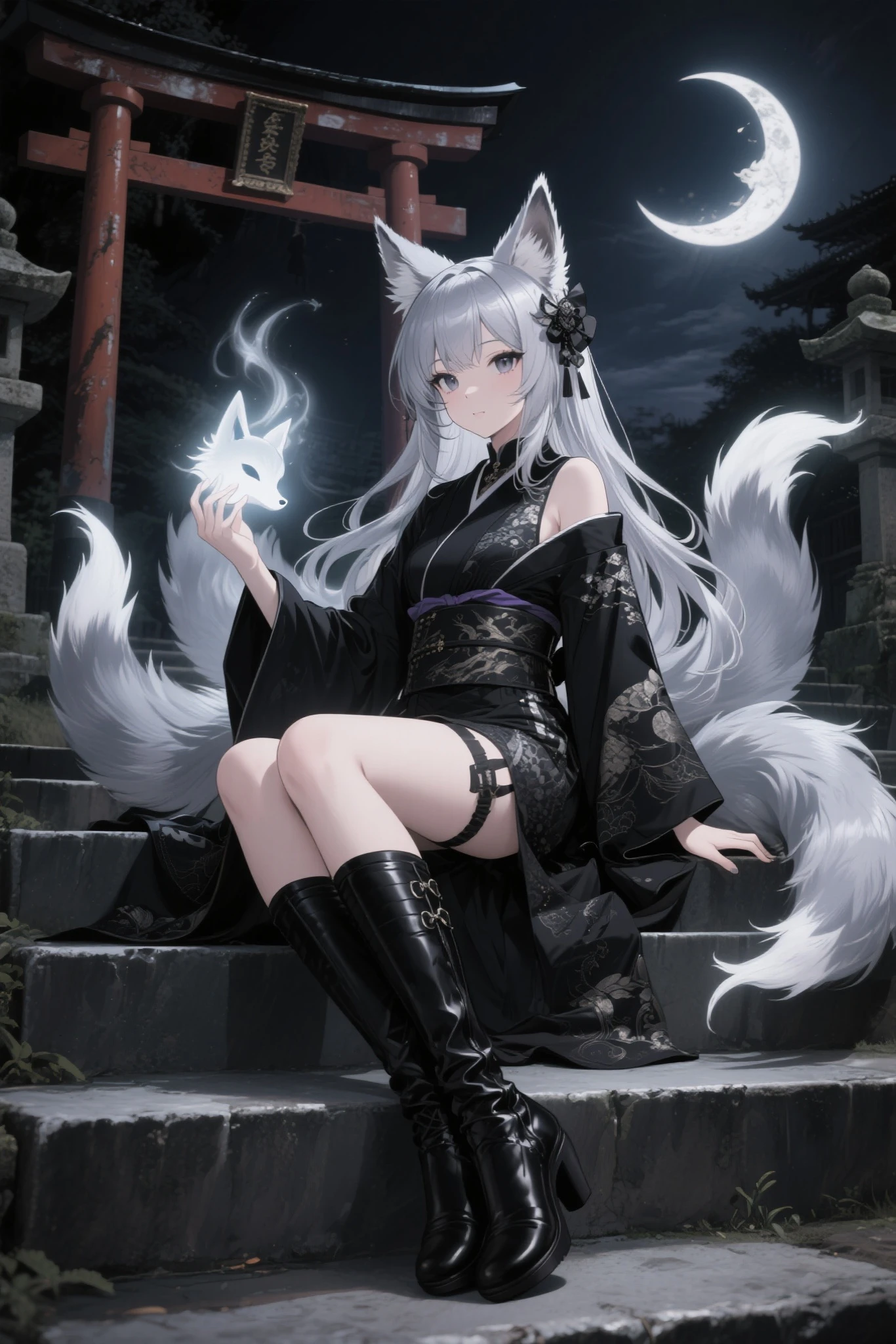 (abstract art:1.3),(psychedelic,futuristic:1.2),masterpiece, highly detailed 8k cg, best cinematic quality, volumetric lighting and shadows,perfect reflection,
(white theme:1.2), (fox theme:1.2),
(white long hair, 1 perfect girl with sexy body,perfect white fox ears,red glowing eyes, glowing body,kimono,1 perfect white fox tail,IncrsTailsFixer,smirk,canine tooth,perfect detail face,perfect detail hands,perfect detail fingers :1.43),
(only use 3 colors,white,black,garnet),
ultra high res, <lora:TailsFixer:0.6> IncrsTailsFixer,<lora:acid_fluid_lora:0.4> <lora:DarkIncursioStyle:0.4>, night, (dark environment) <lora:Gloomifier_V2_TheGlow:0.3> <lora:add_detail:1> <lora:Perfect fingers Lora:0.4>
