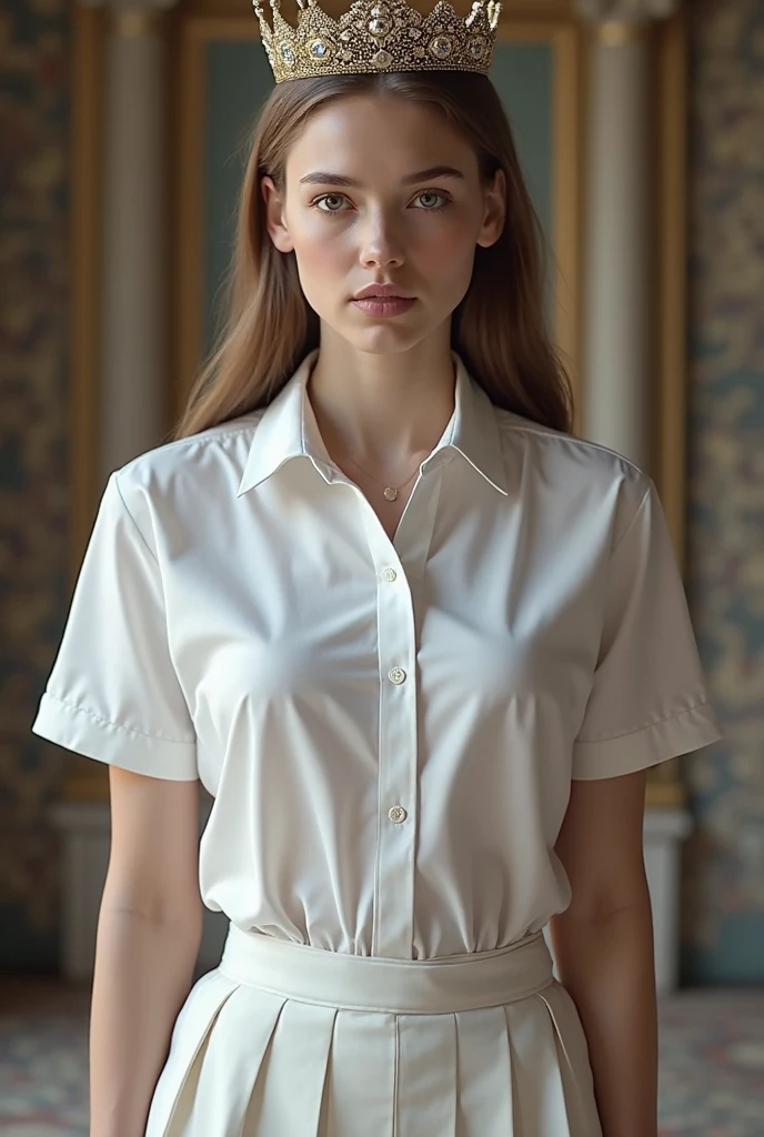 European woman, closeup, (shirt), pants, (buckingham palace), pearl necklace , ZM_cindy, wide shoulders, perfect face, (contact iris: 1.1), pale skin, skin pores , depth of field