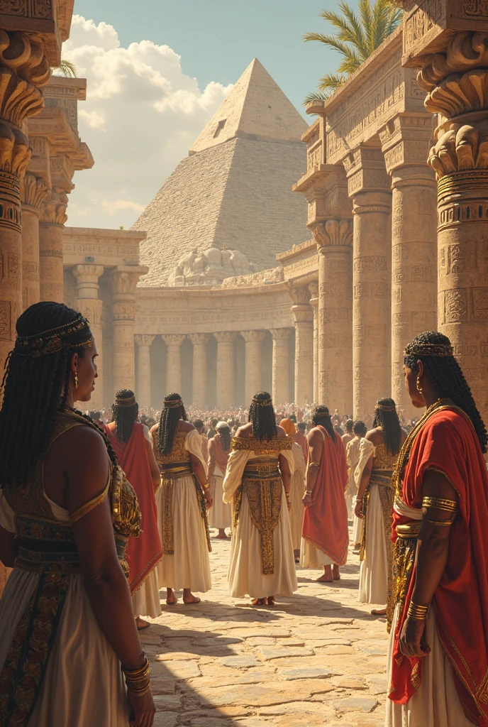 In ancient Egypt, women perfume a stone table, on top of it several alabaster and faience bottles and flowers on the table, in the background the pyramids of Egypt.