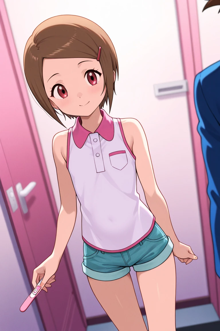 First person view ,nakasu kasumi, bob cut, light brown hair, short hair, blunt bangs, crescent, crescent hair ornament, hair ornament, hairclip, thong bikini, solo,cute pose,pink eyes,thigh gap,thicc hip,Women's clothing store, one eye closed, smile