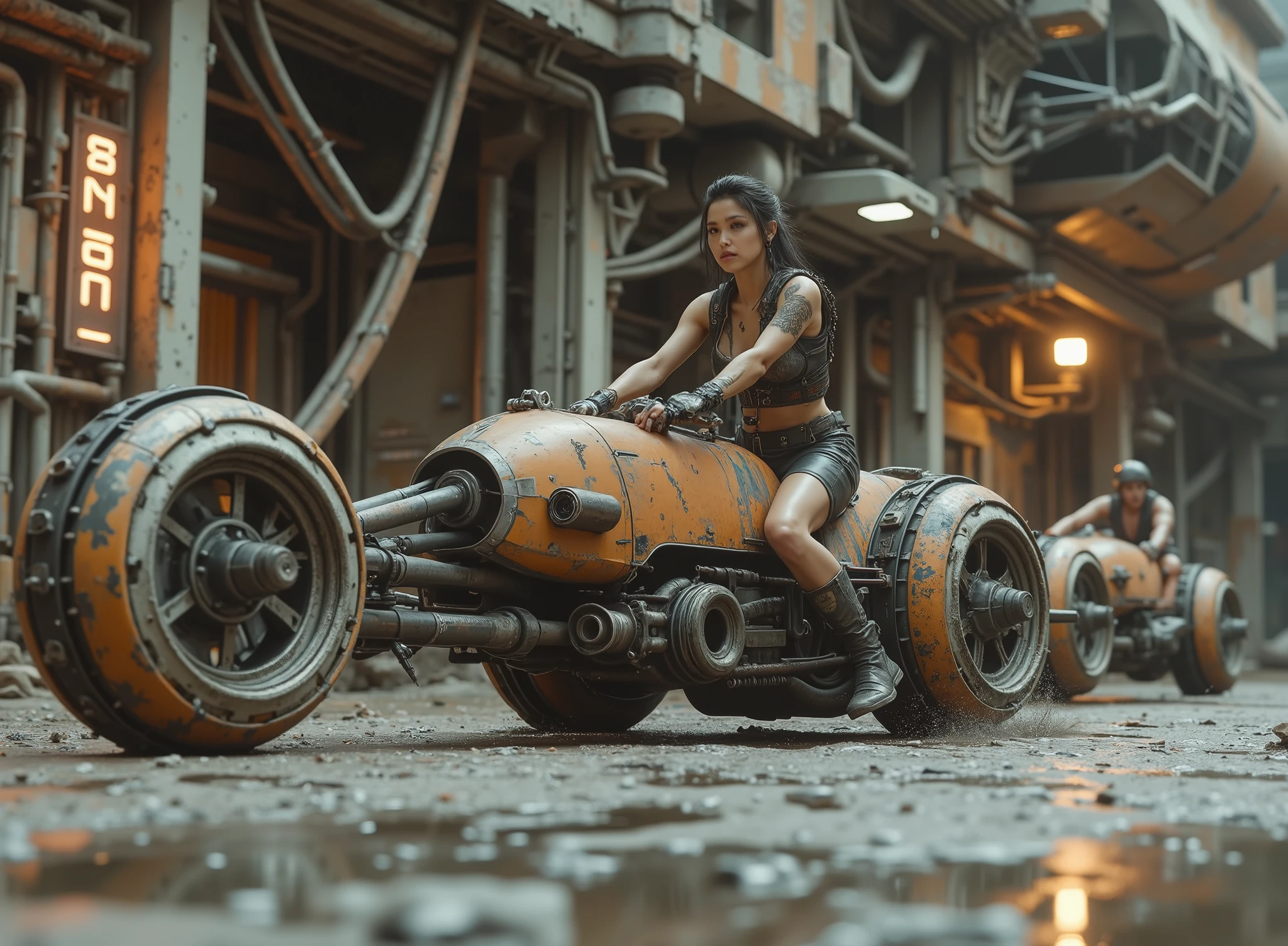 cinematographic photograph using the rule of thirds and composition on planes Photo a 3/4 full body shot counterposed at ground level, soft light, unmarked contrasts, a retro-futuristic flying motorcycle (Speeder bike) Flying ( bike) inspired by motorcycles with low frame and huge engine in the front like the "Indian gorilla" and narrow in the back inspired by the Akira motorcycle of the future, Flying sin ruedas o usando orugas de tanque,de estética diesel punk partes oscuras y negras con mucho oxido motor expuesto al frente y battle damage y partes destruidas, some red lines, vehicles with the large engine exposed to the front of the vehicle You can see the exposed mechanism composed of pistons , hoses, chains y motores con algunas luces, the exposed handlebars and turbines, at high speed in a chase next to several more. In the background of a desolate and flooded apocalyptic planet, reflections in the water, at night, gloomy atmosphere, battle damage. in the style of Ashley Wood a high level of Racrufi style . Reference https ://.It/9nywtVBQD La piloto una hermosa desnuda y muy sexy mujer joven rasgos de mexicana de incomparable belleza latina actItud desafiante ennpose inclinada a alta velocidad, top model, tattooed, Storm Trooper by Starwar, Elegant and Gothic Stormtrooper , fit ((chains)) dress made of chains, emerald eyes, penetrating look , Punk chain , punk belt , Full body shot, torn screen , cuero y encaje rasgados y rotos con chains Picos y Muchas joyas de plata de huesos de plata,holding a blaster or a lightsabre