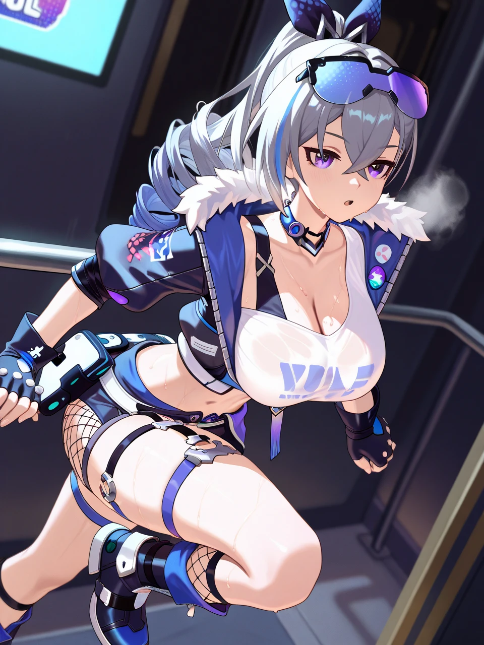 (tmasterpiece:1.2, Best quality at best), actual, (Real pictures, Complicated details, depth of fields), tmasterpiece, Best quality at best, A woman wearing a tight black snakeskin shirt and black shorts poses for a photo, blonde ponytail, ear nipple ring, thicc, Colossal tits, Crazy breast swelling, Chest larger than shoulder blades, The waist is thin and the legs are thick, Pelvis larger than shoulder blades, Fitness model, Ruddy cheeks, A smile, spread your hands