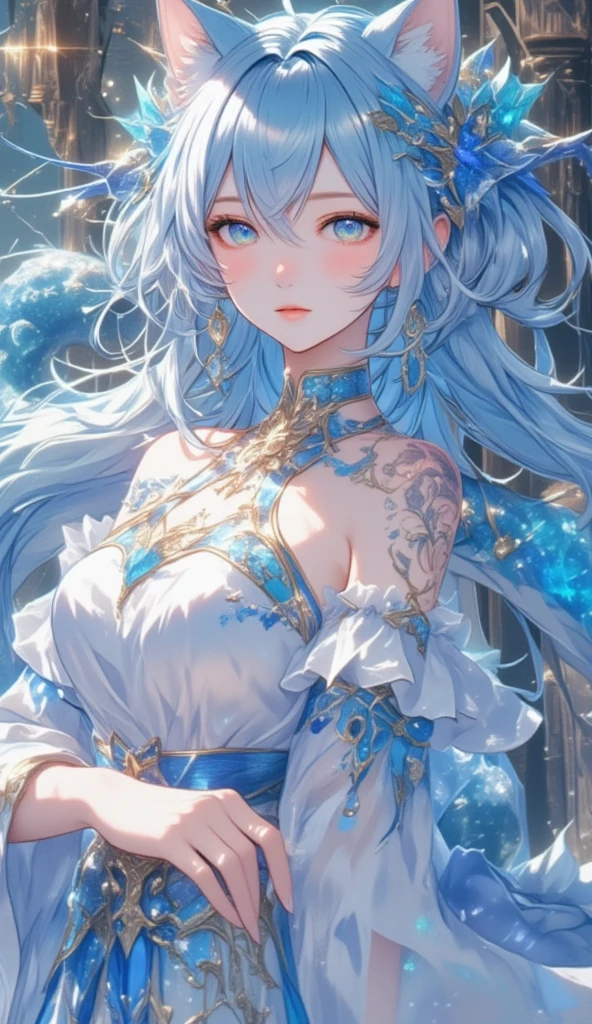 Nsfw The water saint mage is a young woman with long, wavy light blue hair, which falls gently over her shoulders. His eyes are a deep navy blue, with flashes of silver light. She wears a white and light blue dress, with lace details and jewels that shine with a soft bluish glow. In one hand he holds a crystal scepter that emits a soft glow of blue light, and in the other hand he holds a small bottle of water that appears to contain the reflection of a clear sky. His expression is serene and peaceful, with a soft smile that inspires calm and protection.