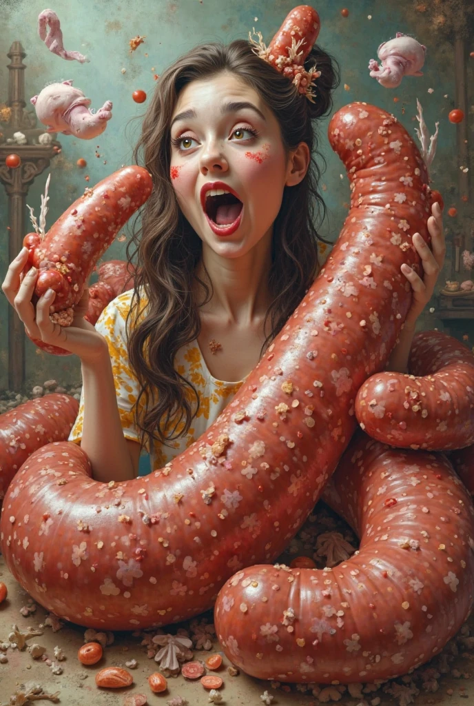 Sex Woman of Korean descent. Expression of pleasurable sex. Holding a big sausage. Wet chest. Feet wrapped in a large eel.