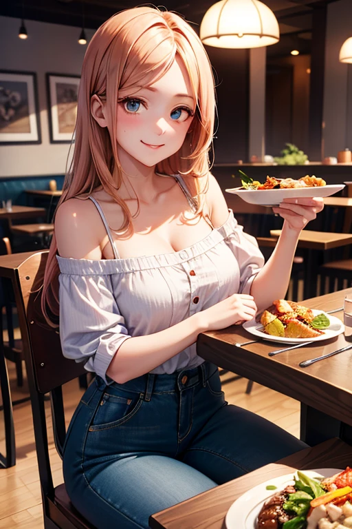 Rangiku, wear ruffle shirt, off-shoulder, denim pants, long pants, sitting, food table, on the restaurant, pov having crush, ultra-quality, high-detail, best quality, detailed-image, (8k resolution).