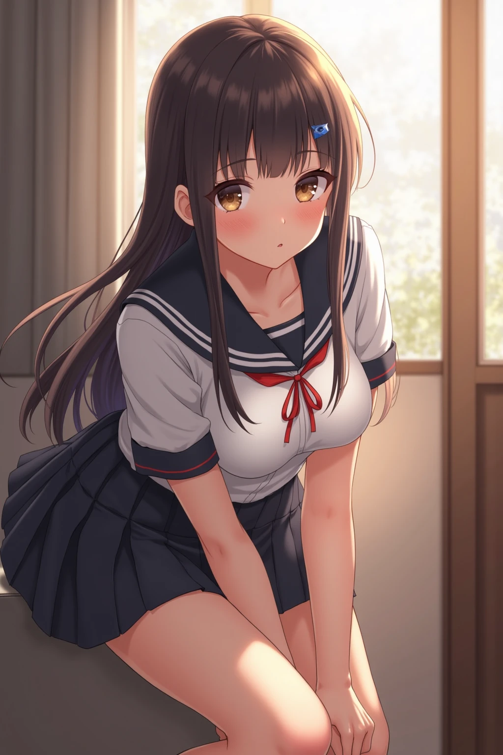 Puni high school girl in a sailor suit with thick thighs in the school infirmary late at night、a moon、stele