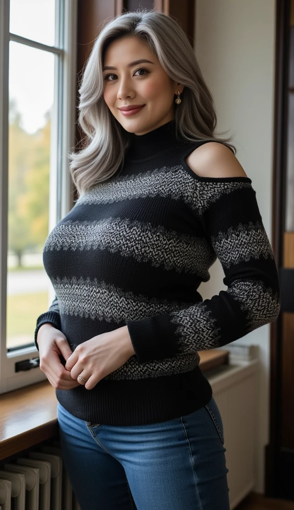 Turtleneck sweater 75 years old Mom MILF Korean, Lady large earring Big choker navel piercing decoration A bracelet Silver Hair realisitic Gorgeous Madame Beautiful Mature Woman sexy Smile Gentle woman navel piercing 4K High quality big boobs office computer mini Gorgeous Madame Beautiful Mature Woman