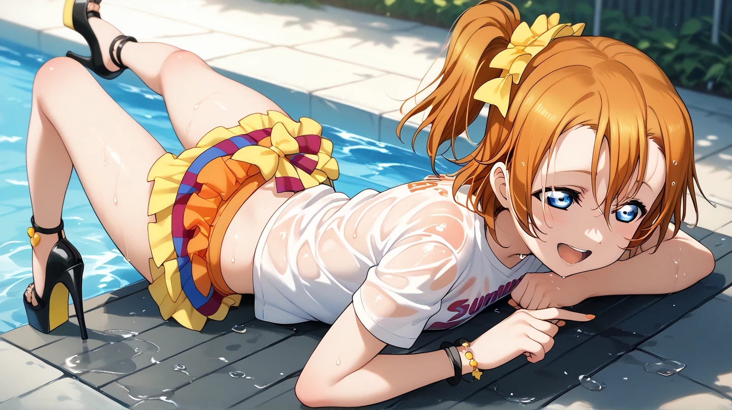 Woman in yellow bodysuit lying on the ground, character in natural pose, lying dynamic pose, photorealistic anime girl rendering, anime girl, DAZ, DAZ, DAZ, DAZ, PIN-UP BODY, SMOOTH ANIME CG ART, PIN-UP POSE, RENDERED IN SFM, LOVELY BRIDGET FROM OVERWATCH, Photorealistic perfect body
