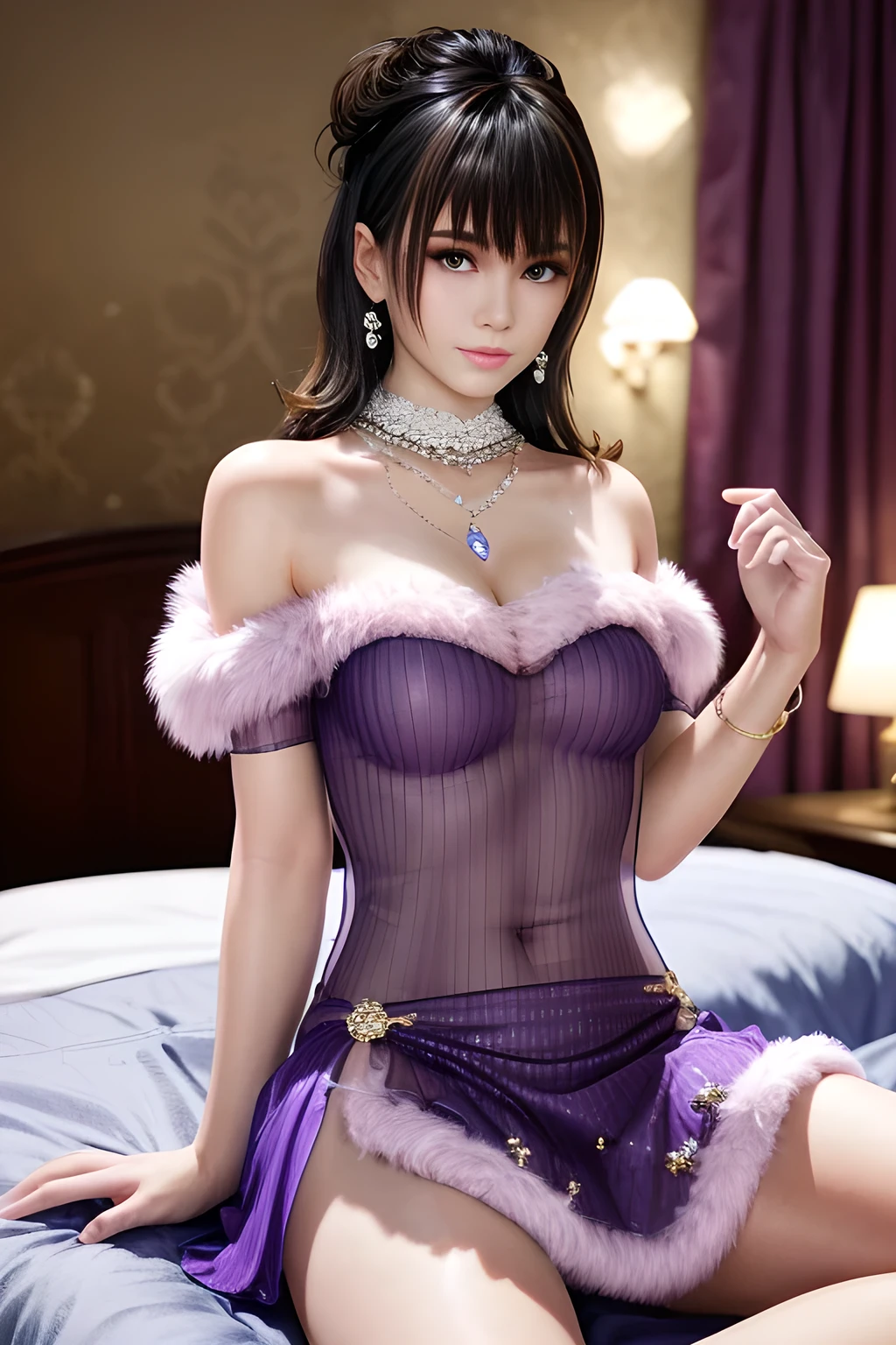 "1 beautiful girl in traditional dress, ((wearing a sexy, ultra-transparent purple nightgown:2)), ((see-through nightgown:2)), black on the chest and yellow border, long black hair with a light purple, ((most beautiful and detailed hair jewelry:1.8)), Super cute little face Extremely beautiful face, thin eyebrows, the most beautiful and flawless face, ((black eye pupil:0.8)), very beautiful eyes, ((black and light purple eyes:0.5)), hairy beautiful and detailed makeup eyelashes, high nose, earrings, thin lips, ((light pink lips:-1)), ban on laughing, beautiful lips, slender arms, The most beautiful thighs, healthy limbs, rosy face, clean face, beautiful face without blemishes, smooth white skin, ((super tight and round breasts: 1.8)) cleavage, beautiful breasts, ((put the girl's arms behind her back:1.8)), (((portrait body of a beautiful girl:0.8))), ((looking straight at the girl's body:1.8)), 8k photo, super high quality, super realistic, 10x super pixels, actual photo, dark studio, border light, two-tone lighting color, (high detail skin: 1.2), 8k ultra, soft light, high quality, volumetric light, candid, Photo, high resolution, light, best photo, 4k quality, 8k, bokeh, Smooth and sharp, 10x pixelated, ((royal bedroom:1.8)), aurora, lightning, super graphics, most realistic graphics, alone, solo, Extremely sharp, surreal image, (((frontal portrait:1.6)))