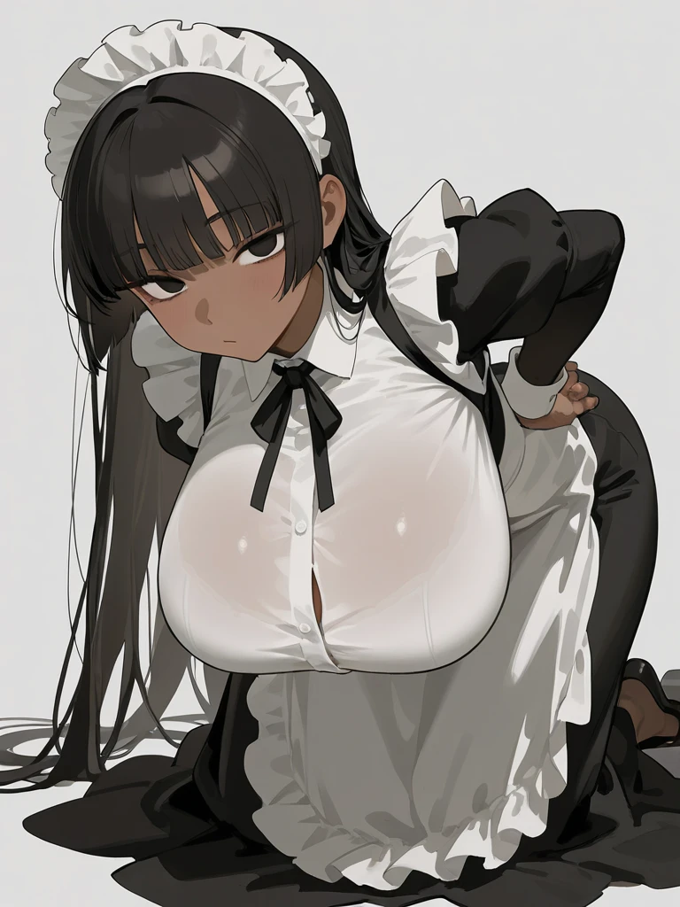 (masterpiece, best quality:1.2), 1 female(Nun), solo,dark skin,sweating skin,open pose,hands behind her head