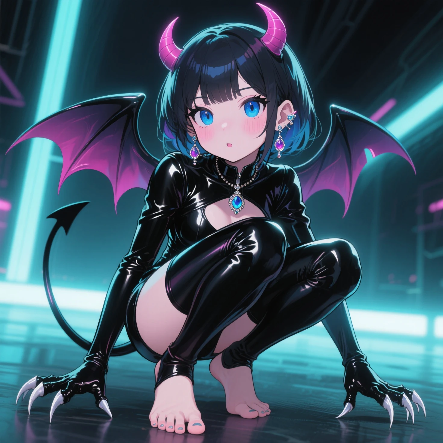 tachi-e, game cg, Highly detailed and realistic CG, Colorful, Masterpiece, Best Quality, jewel-like eyes, 1girl, solo, black hair, shiny hair, long straight hair, very long twintails, slender, skinny legs, succubus girl,succubus luxury dress, mini skirt, succubus boots, aqua blue eyes, flat chest, black elbow gloves, latex, smirk, smile, jitome, half-closed eyes, tsurime, simple background, from pov, best quality eyes, sharp teeth, tsundere, standing, contrapposto, hand on hip, (shiny skin:1.0), succubus wings, succubus tail, mesugaki, teasing, smug, cute girl, , open mouth, fangs, tongue out, pointy ears, pink heart tattoo, (Sharp Focus:1.2), Thin arms, Thin legs, outline, Evil Female Executive Succubus,