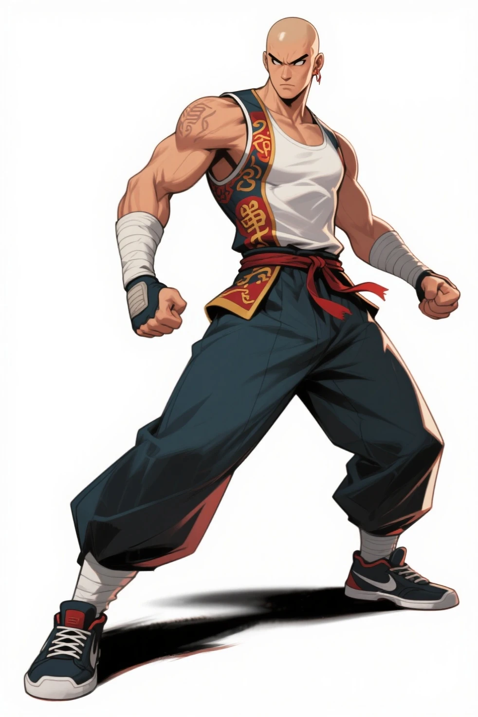 Hwang_Soulcalibur_SC1_P1, solo, short hair, simple background, brown hair, gloves, 1boy, brown eyes, full body, male focus, midriff,pants, muscular, headband, muscular male, spiked hair, bara, fighting stance, white pants, <lora:Hwang_Soulcalibur_SC1_P1:1>, (masterpiece,best quality:1.5)