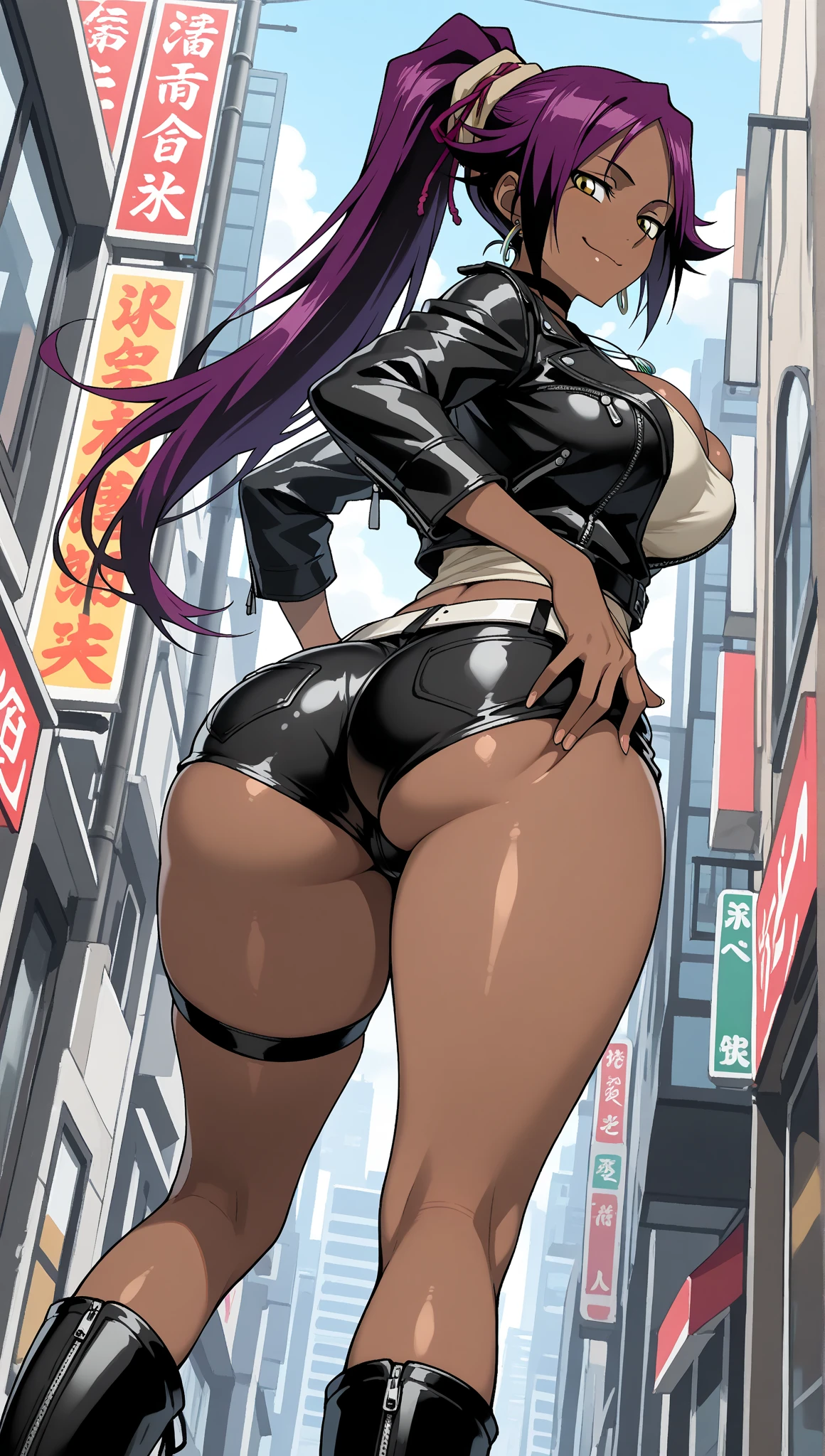 muscular dark skinned african woman blake belladonna, yellow eyes, glowing eyes, cat ears, cat nose, cat eyes, black hair, long hair, blunt bangs, pink lipstick, smokey black eyeshadow, (japanese silk kimono top, tight lace-up lycra pants, big belt, detached sleeves, huge hips, hip vent, bridal gauntlet on the left arm, shrugging clothing off, a black elbow glove on the right arm, Huge ass, cat tail from between buttocks, narrow waist), huge legs, huge Breasts, cleavage. cyberpunk complex background, outdoors, outdoors, night club, NSFW, (masterpiece, best quality:1.3), high detail, intricate, professional digital art, 8K, ultra-detailed face, detailed body