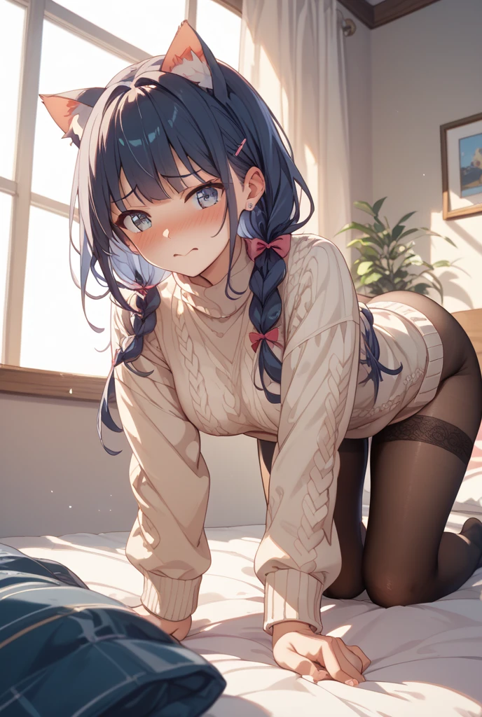 A woman wearing tights and stockings is lying on the bed, Bending over, (SFW) safe for work, oppai, bottom viewa, the anime girl is crouching, thighs focus, hyperRealistic Schoolgirl, a hyperRealistic Schoolgirl, beautiful anime girl squatting, Fine details. girls' frontline, | Fine Detail Anime, somewhat bent over, Realistic Schoolgirl