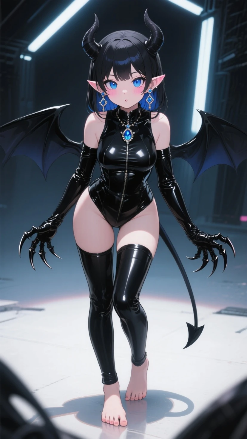 ((Highest quality)), ((masterpiece)), (detailed), (Perfect Face)、The woman is naked and wearing a shiny black full-body bodysuit decorated with gold, the devil queen Chun-Li is a sexy female demon.、The woman is a female demon with magnificent devil horns, jet black devil wings and a jet black tail. She is a demon Chun-Li looking at the camera with a happy expression, her black semi-bob hair styled in twin chignon, and the expression of a girl in love.、The woman is Chun-Li