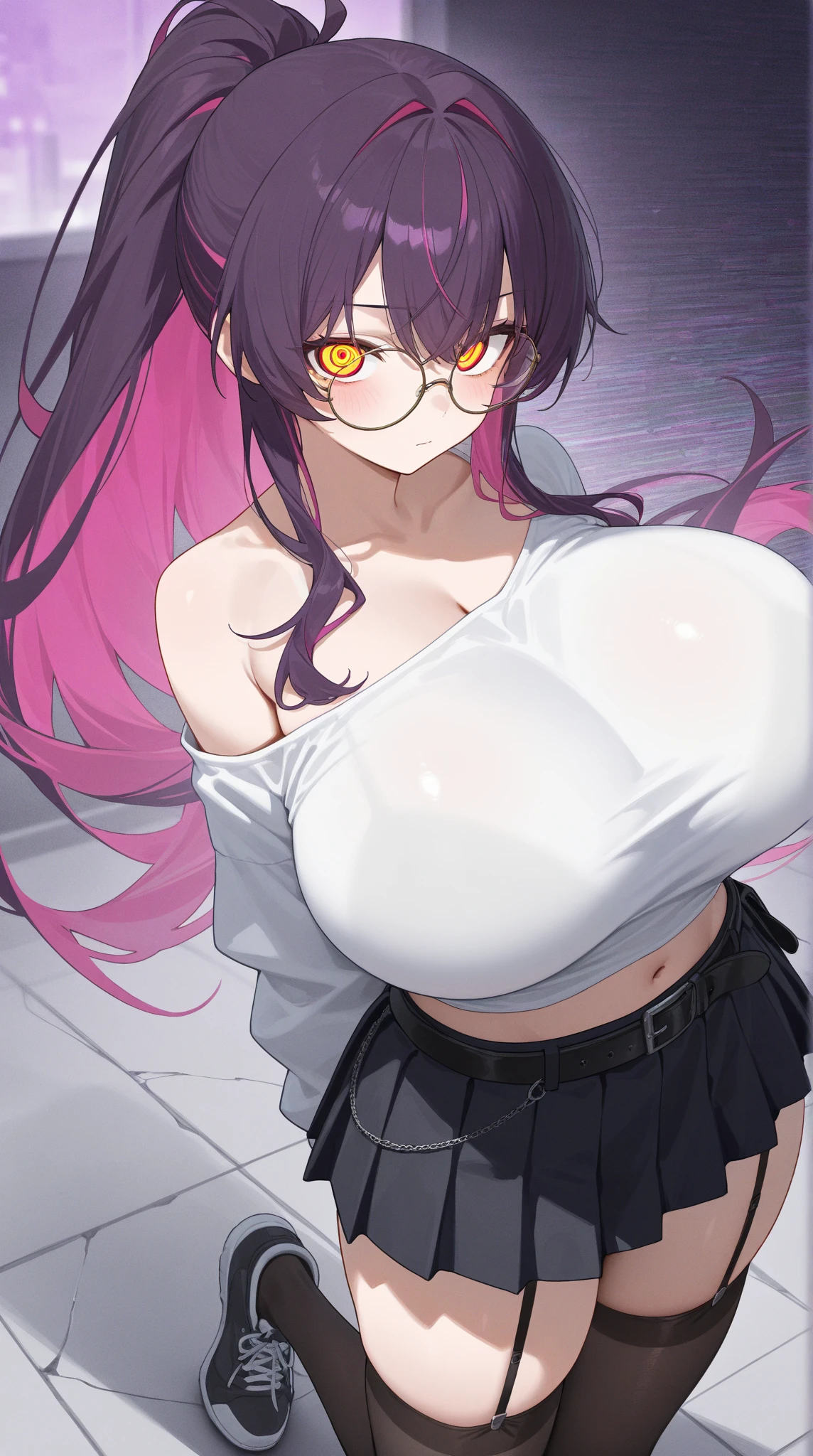 masterpiece , Highest quality , 1 sexy cyborg girl embedded in a machine , alone , Huge  , (plump:1.2) , (Muscular:1.3) , (Huge tits:1.2) ,(Thick arms:1.4) , Thick thighs , Huge hip , pale navy hair , short hair ,  Suppressed , Robot Joints , Robot shoulder , Robot legs , nude , Black glasses , Folds into a small sci-fi cockpit , Surrounded by sci-fi machines and monitors , Spread your legs , Belly button covered in sci-fi machines , Vaginal foreign body insertion , Sex Machine , There are cables all over the body , Ahegao , Oily skin , Glowing Skin , Full Body Suit　Full Body Tights　　　Lewd face　