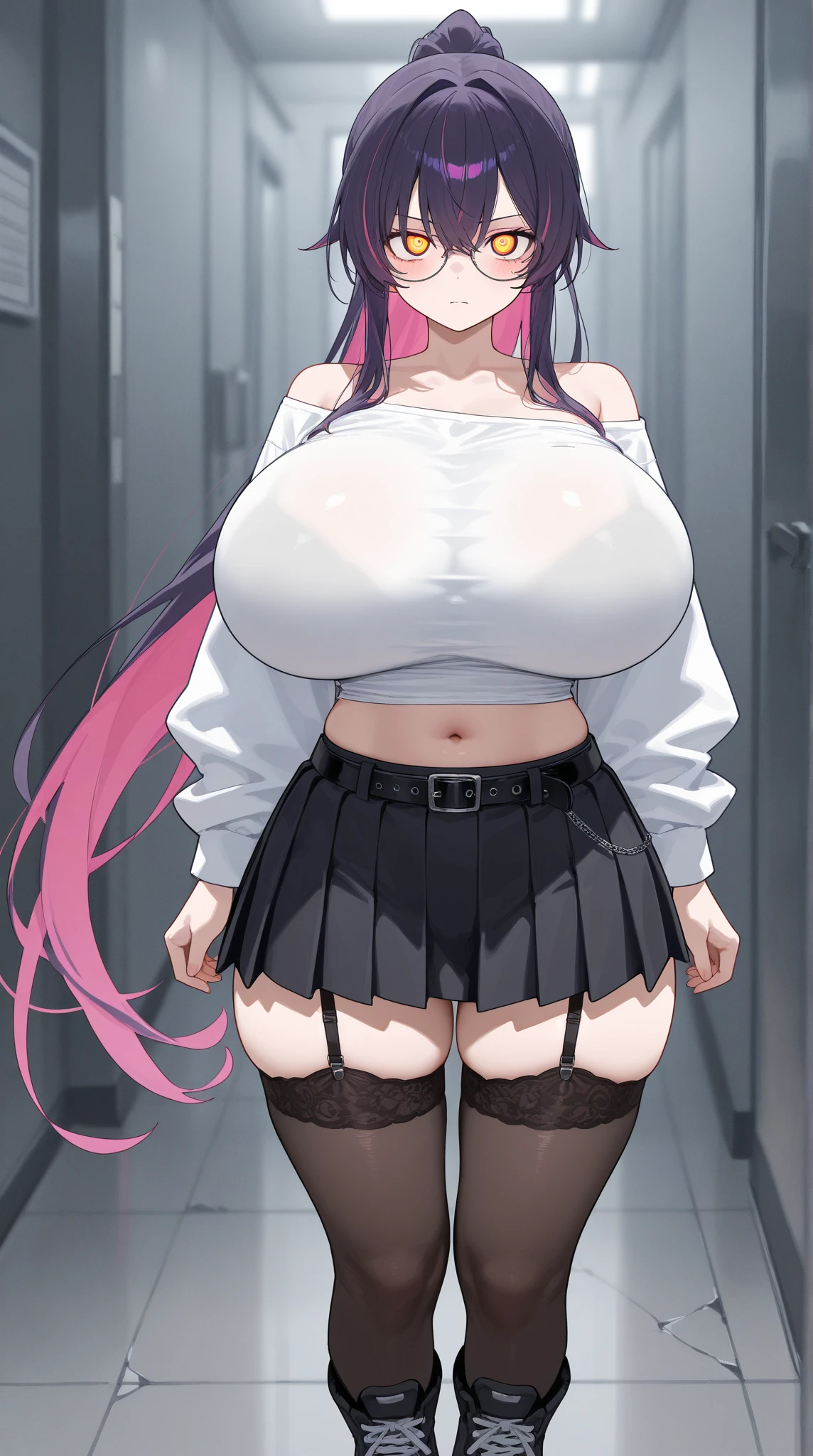 masterpiece, best quality, absurdres, very aesthetic, 1girl, (pink hair, long hair, detailed hair, cat ears, pink eyes, black hair ribbons:1.2), (casual wear, t shirt, shorts:1.2), (thin clothes, undersized clothes, taut clothes, stretched clothes, extremely tight clothes, skindentation:1.3), outdoors, (curvy, slim waist, huge breasts, bottomheavy, gigantic thighs, extremely wide hips:1.1)