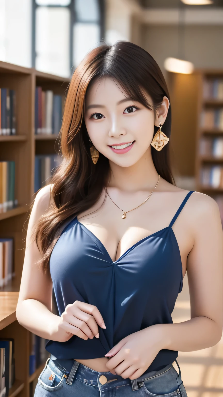 (8k, RAW photo, best quality, masterpiece:1.2), (realistic, photo-realistic:1.4), (extremely detailed 8k wallpaper),korean 20 age woman, The image captures her surrounded by shelves of books, emphasizing her intellectual curiosity and the quaint charm of the bookstore,cute face,A woman who looks good with a smile,bewitching hair,reading a book happily,(sexy costume),One-shoulder dress,A smile that invites others,long hair,Her clothes are peeling off and her breasts are showing a little.