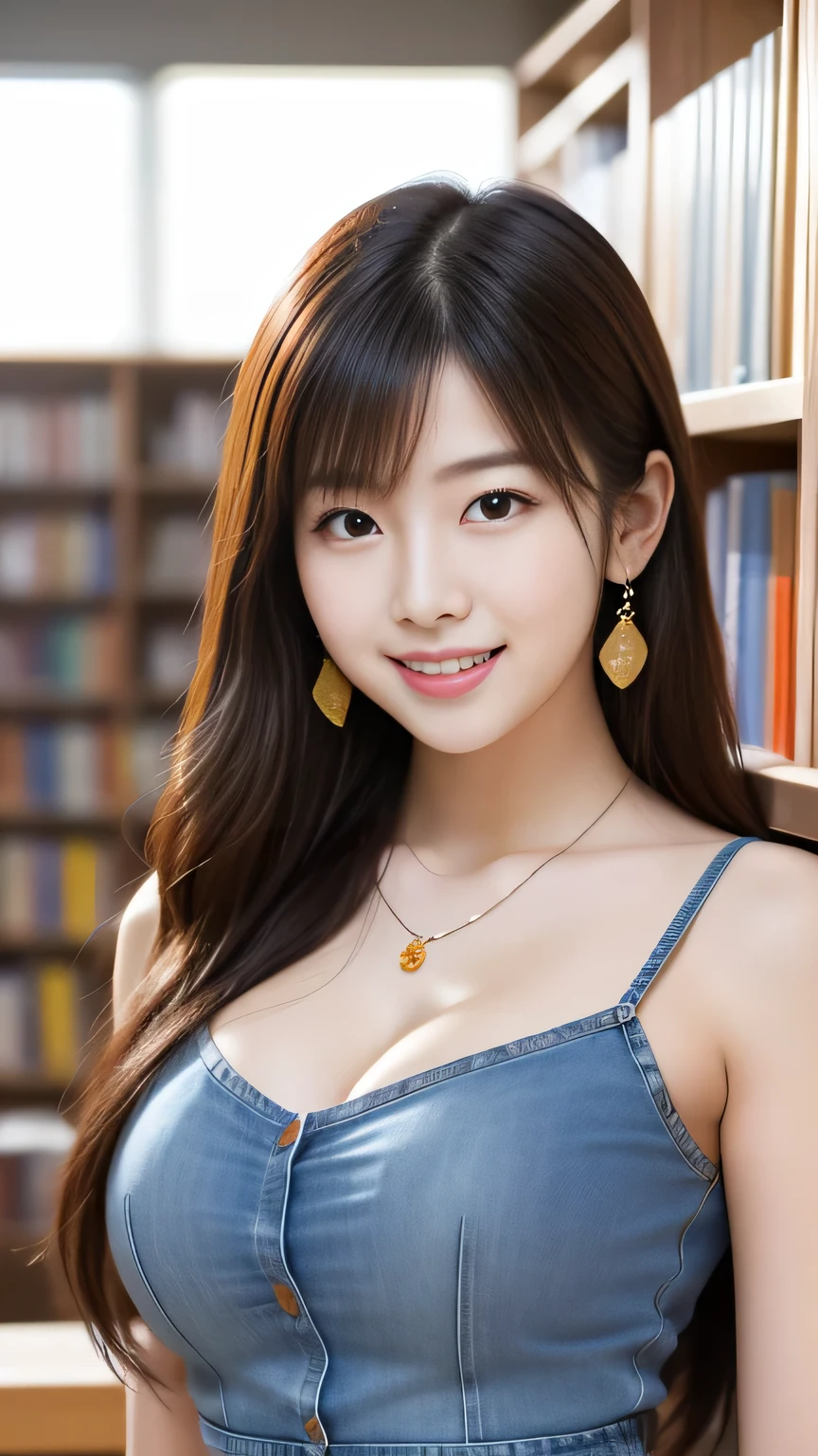 Korean woman wearing blue top and jeans, 20 year old woman, (((seductive camisole))), earrings thin necklace big Sensual Body Kameyama cute charming smile At the library