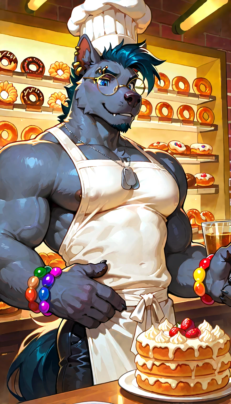 Solo, Anthro, male (((Rottweiler, muscular, abs, brown fur, black body, black hair, brown snout, brown tipped hair, dreadlocks over eyes, dreadlocks, hair over eyes, white thong, huge bulge))) standing, panting, tongue out, holding donut, chocolate donut, detailed donut, detailed fingers ((focus chocolate donut, focus donut, focus holding donut, focus brown snout)) full body, perfect anatomy, by darkgem, by mystikfox61, by glitter trap boy