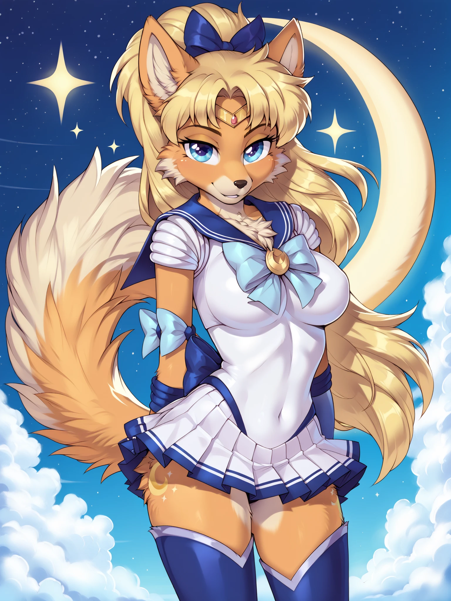 masterpiece, best quality, detailed, focus on character, (1girl:1.5), (solo:1.5), ahri_starguard, long hair, blonde hair, (purple eyes:1.5), fox girl, gox ears, fox tail, multiple tails, (star symbol:1.5), (red turtleneck:1.5), magical girl, (star guardian league of legends), (hair ornament:1.5), (white shirt:1.5), (red skirt:1.5), frilled skirt, detached sleeves, thigh boots, (white thigh boots:1.5), (curvy body:1.5), (big breasts:1.5), (white background:1.5), (standing), (full body), (smile), (bare shoulders:1.5), (bare hands:1.5), (white clothes:2.0), (hands on own hips:1.5)