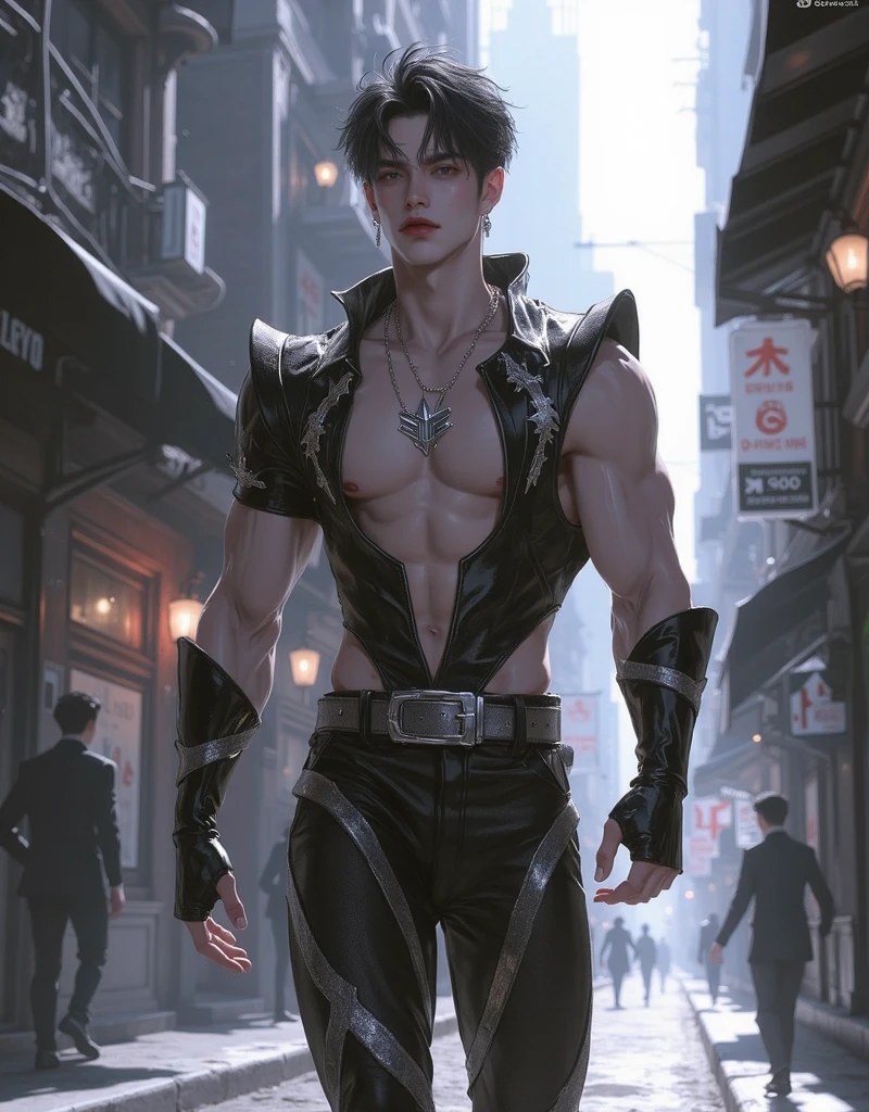 A half-naked extremely strong handsome one，The left hand is robotic arm，Wearing a cool black motorcycle helmet on his head，The lower body is leggings，Youth with flower arm tattoo on his right hand