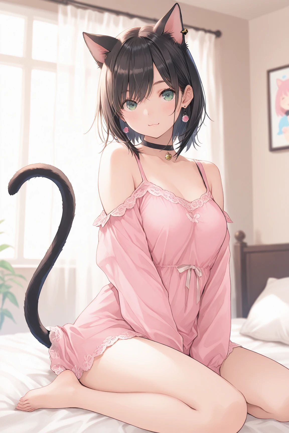 (Best quality, 8k, 32k, Masterpiece, UHD,:1.2),RAW, 2girls,ultra cute , natural lighting,transparent shining eyes, 20yo,medium breast ,fair complexion ,flushed face, Pink Micro bra and panties, lace bra and panties, sexy bra and panties, ((all fours)), cat ears, ((cat tail)), kneeling, emphasizing breasts, From the front, Garter belt, emphasizing the Cleavage, meow, spreading legs, Embarrassed, medium hair, blush pink