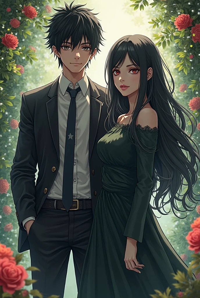 realistic, couple, black haired woman, white haired man, red eyes, green eyes, perfect hands, bright eyes, dress, oriental, skirt, lips half-open, blush, night, flowers, solar, large breasts, suit