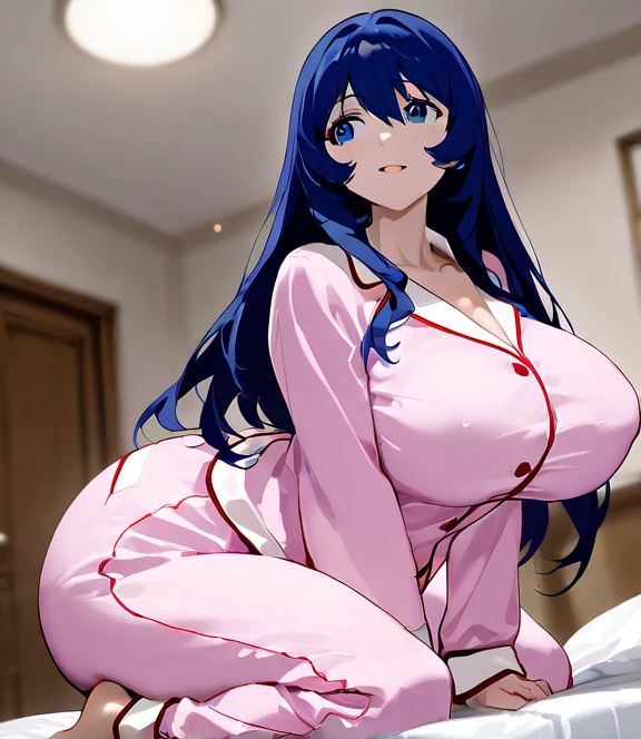 (Masterpiece:1.5), (Extremely detailed:1.5), (Best quality:1.5), (Nijou Aki:1.6), create-ki (en anglais seulement)!, (dark blue hair), cheveux longs, ((yeux bruns:1.7)), ((finely detailed eyes:1.8)), ((Extremely detailed eyes:1.8)), (huge breasts:1.9), Regarder le spectateur, (pyjama:1.6), (chambre:1.5), corps entier, ((Ultra-defined face:1.5)), (Extremely detailed face:1.7), Sinueuse, (grandes hanches), beau corps, beau visage, proportion de seins, taille mince, (1fille:1.7), content, sourire, Souriant, (assis), ((pajamas serré)), lit, (clothed pyjama)