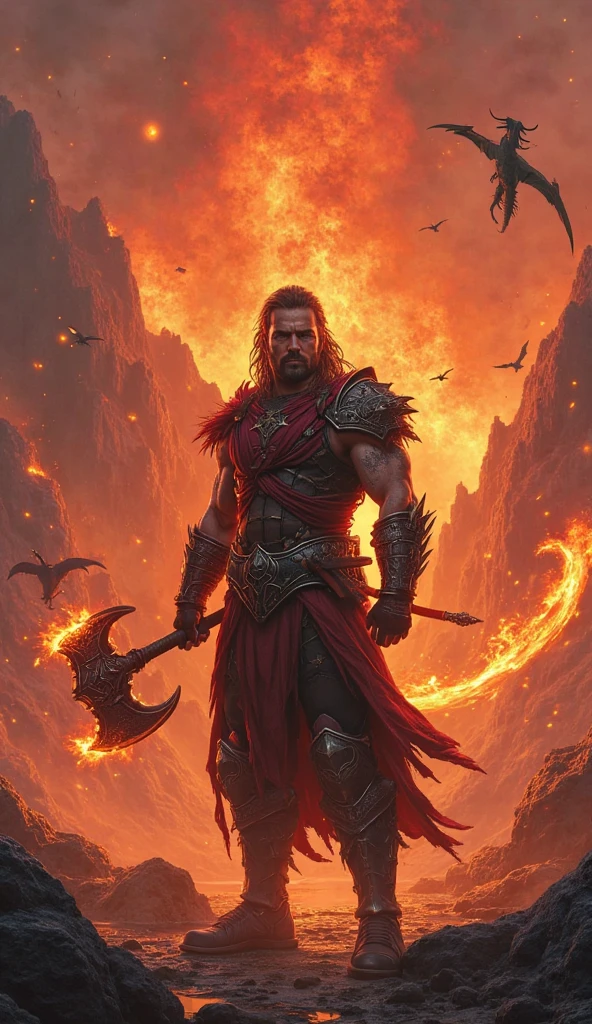 1man, tall muscular man, caucasian, tanned skin, muscular, long red hair, blue eyes, wearing belt, wearing loincloth, wearing jeweled leather harness for weapons, bare letgs, wearing tall sandals, with intricate amulet, on high ground, raising sword over head, orange sky, two moons, rust colored desert, ruined stone city towers in the distance, "sword and planet" style art, bokeh, raytracing, realistic textured skin, particle effects, depth of field