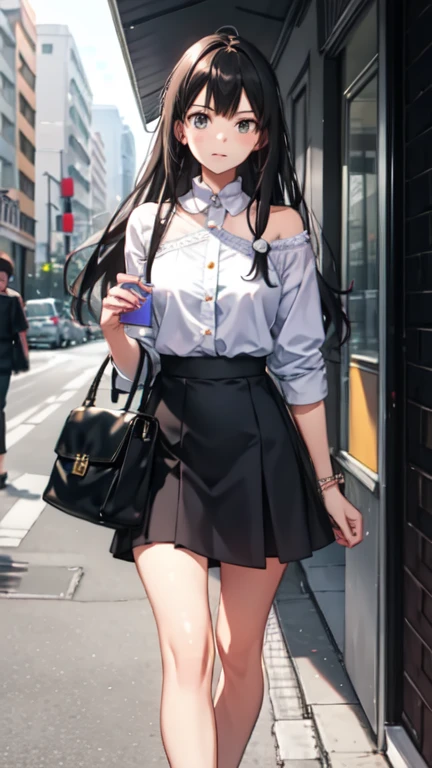 long hair, looking at viewer, smile, bangs, blue eyes, multiple girls, skirt, brown hair, shirt, black hair, short sleeves, brown eyes, long hair, standing, white polo shirt, pleated skirt, open clothes, shoes, socks, striped, collared shirt, hand up, 3girls, bag, kneehighs, plaid skirt, brown footwear, flying sweatdrops, loafers, grey skirt, school bag, diagonal stripes, train station、skirt lift,Hand in panties