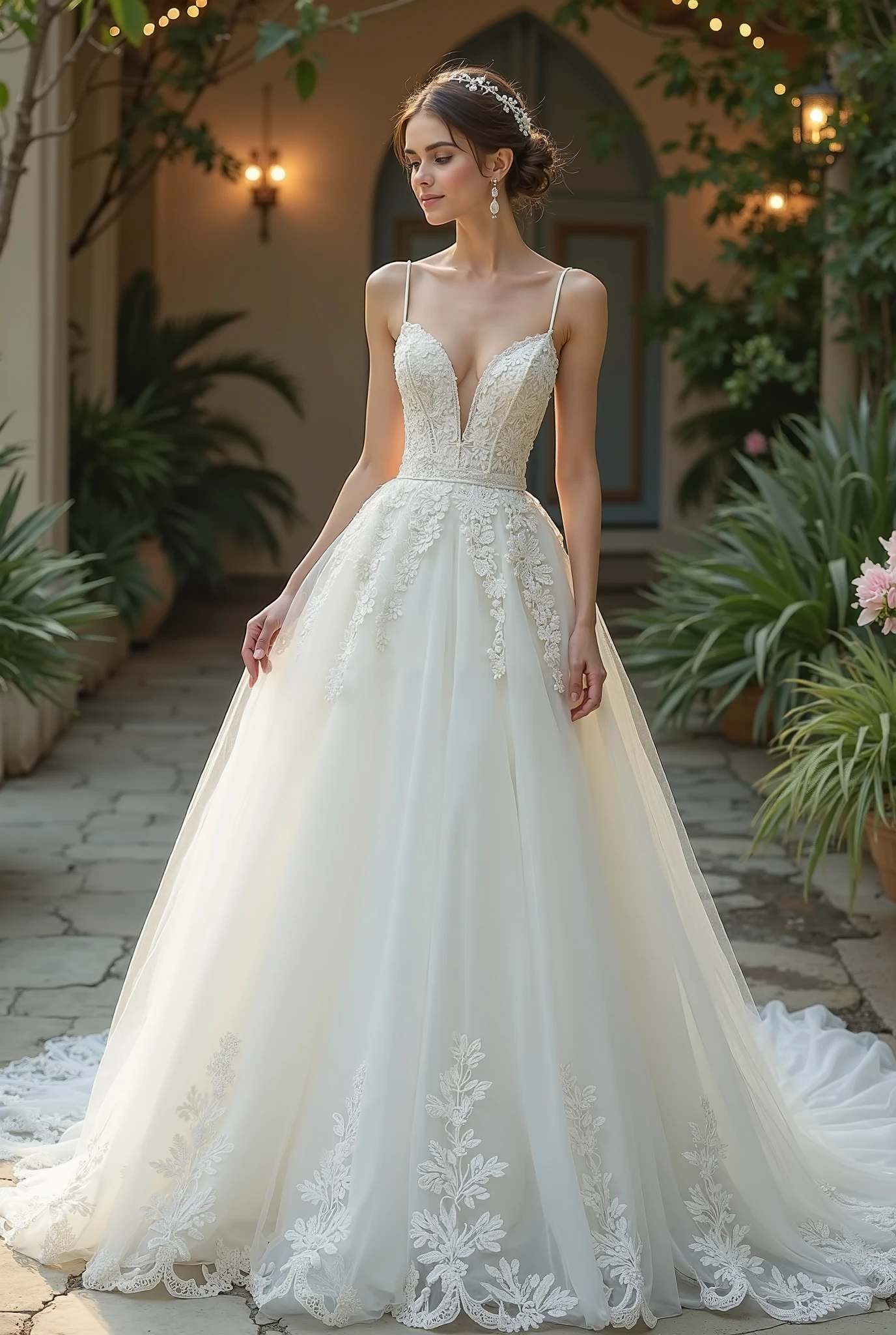 full long elegant wedding dress wit decolte for curly blonde short haired girl with green eyes