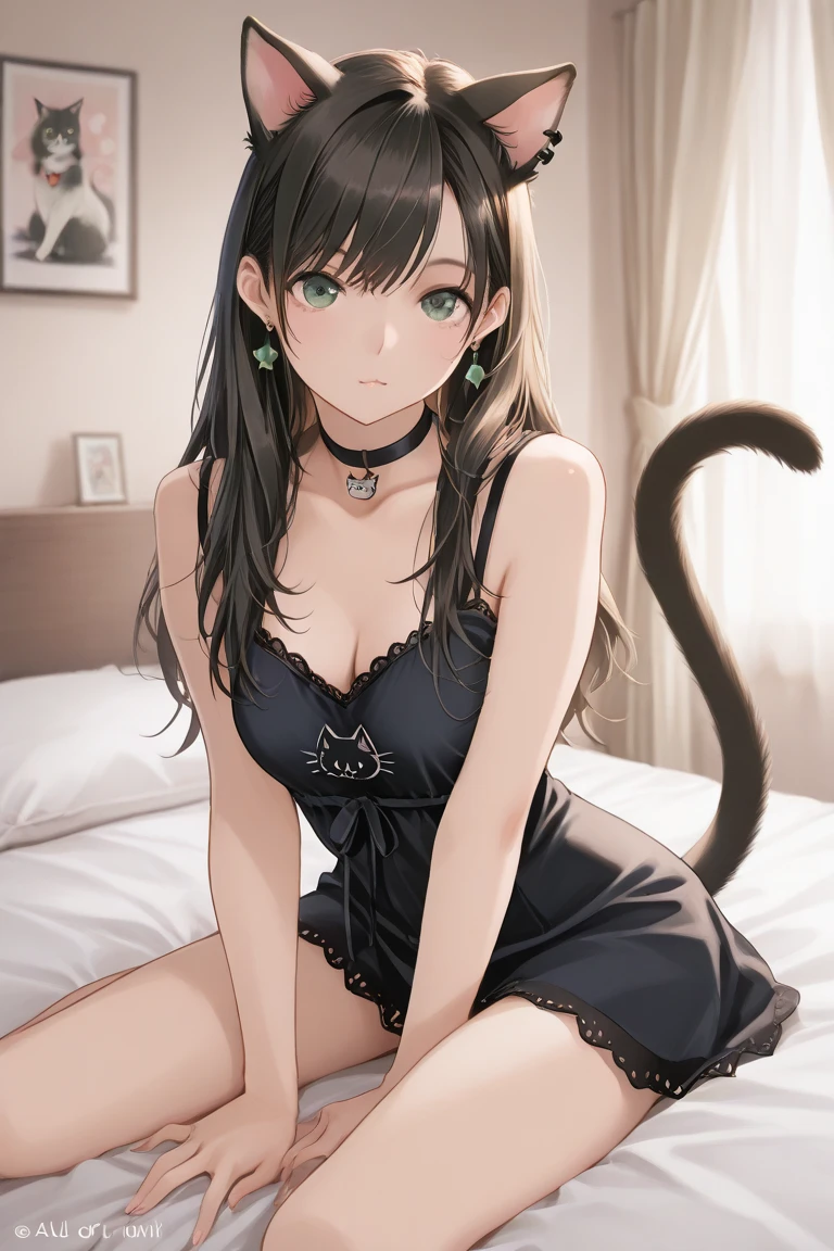 Long straight black hair, curvaceous female, huge breasts, black lingerie, black negligee, cat ears, cat tail, stockings, garter belt, blue eyes, on bed, solo, pillows, bedroom, cozy, close up, long legs, thick thighs:0.5, parted lips, playful smile, getting closer to the viewer, straight bangs, short, young face, coy expression, finger to mouth, pink lips