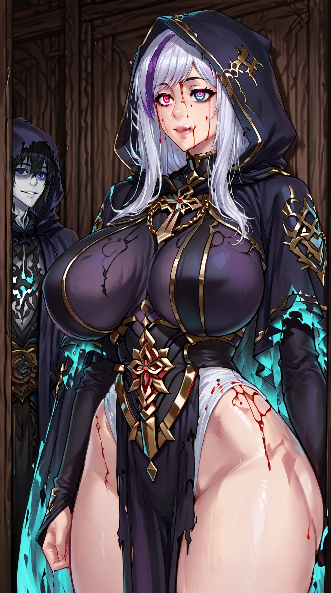 (masterpiece, best quality:1.2), 1girl, solo, tiara, silver hair, cleavage, (30 years old) , woman, long hair, beautiful, masterwork, ultra high res, ultra detailed, super fine illustration, cg unity 8k wallpaper, ultra detailed beautiful face, perfect hands, adult, (((black cape))), gleaming skin, oil skin, shiny skin, sweat, lips, crown braid, jewelry, necklace, long sleeves, ring, covered navel, lips, dress, belt, (((black corset))), full body, (((thighhighs))), knee boots, dare thighs, black clothes, (((drape skirt, black skirt, side slit))), white skirt, perfect proportion, perfect body, perfect anatomy, white sleeves, clothed, white breastplate, (((blindfold))), (((viewer holding chain leash, chain leash, animal collar))), ((((((animal collar connected chain leash)))))), ((((((chain leash)))))), (((hand on the ground, on all fours))), sexual ecstasy smile, full face blush, fucked silly, smile broadly, (((open mouth, long tongue, stick out tongue, tongue out))), vulgarity, bangs, happy,
