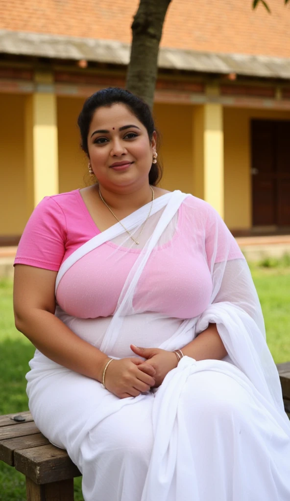 A beautiful gorgeous plump Indian 45-year-old woman wearing a white towel, huge breasts, hot body curves, smiley face, standing on bathroom ,