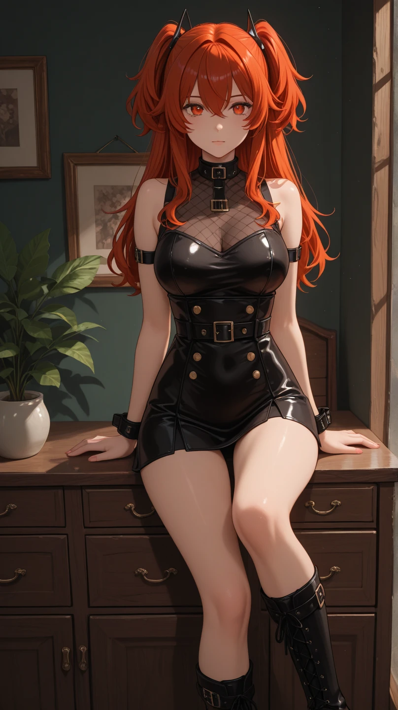 (masterpiece, best quality, high resolution, ((huge breasts))1 beautiful woman, very short cyberpunk-style blonde hair, red lips, black long-sleeved blouse, black leather pants, black heels, earrings, bracelets, choker, serious.(,white background, Stickers.Redmond ), ((full body standing)),
