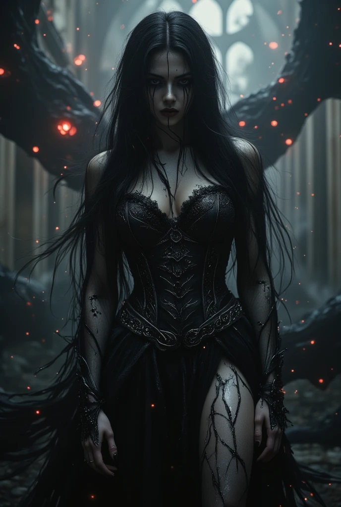 4k realistic ultra detailed photography of an athletic demonic woman, demonic woman wearing a maxi leather dress, hairstyle is a crazy braided hairstyle, demonic woman in a menacing moving standing model pose, photo background is a wall of smoke with black roses coming out of it, mood of the photography is gloomy, big lots of fiery tattoos