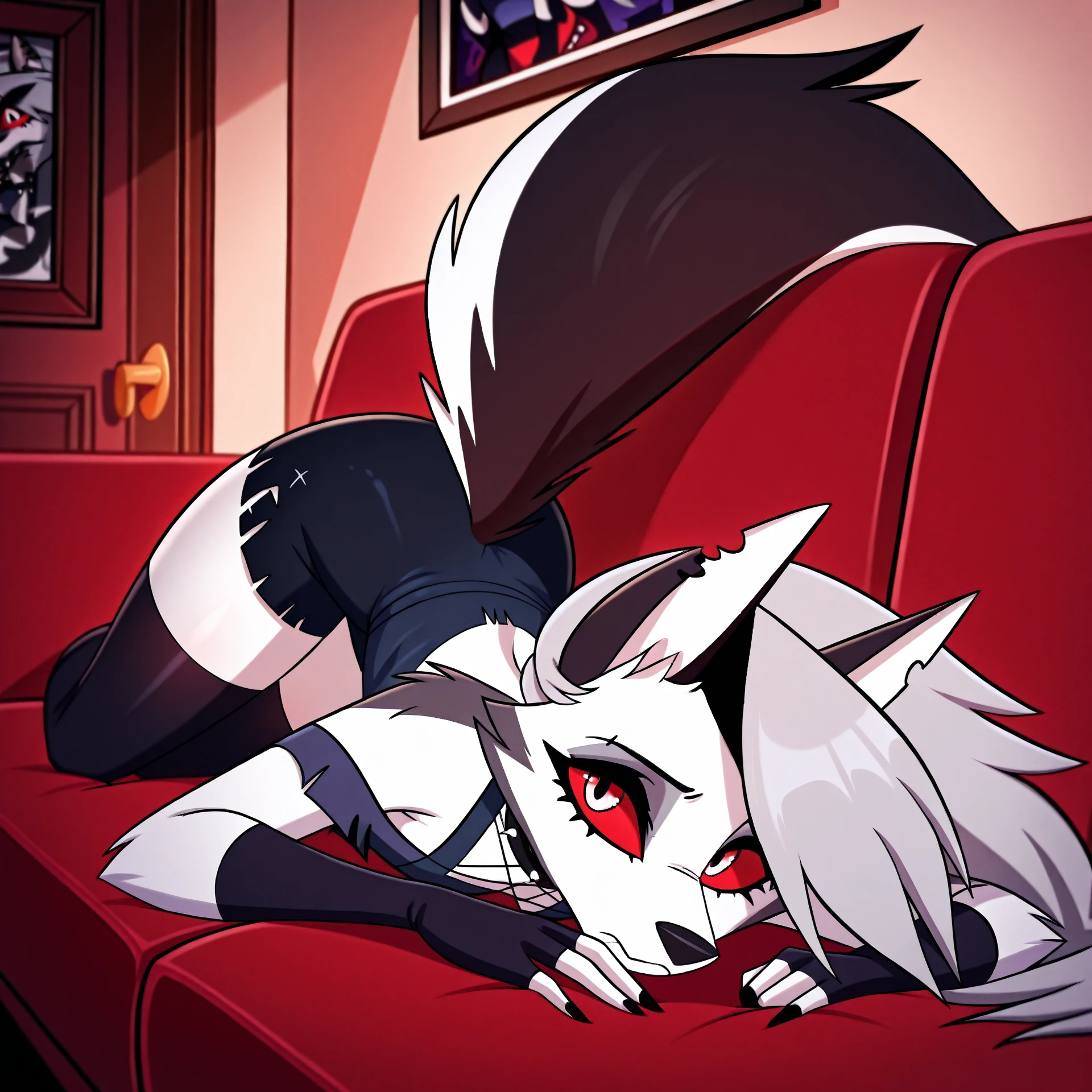score_9, score_8_up, BREAK, source_anime, uncensored, perfect body, slim, thigh highs, fingerless gloves,
anthro, furry, pose, sexy,
Loona \(Helluva Boss\), NSFW, moaning, back to viewer, head back, anthro male maned wolf with long spiked white hair and black face, highlighter yellow penis, blushing, high detail, couch, face in pillows, ass up, raised tail, arched back, bent over, view from behind, hot dogging, wearing grey yoga pants, yoga pose