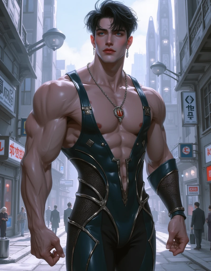 (extremely detailed CG unity8k wallpaper) | game_cg | masterpiece | best quality | illustration | {High resolution}|exquisite painting|aesthetic painting|high detail, beautiful and detailed eyes, perfect eyes, delicate face, delicate skin, delicate perfect nose, delicate perfect mouth, delicate perfect face, exquisite perfect body, in this cyberpunk world, a young and handsome Chinese male model, wearing a thong standing on top of a towering building. The golden ratio of his body is flawless, and the tattoos sparkle in the sun and attract everyone's attention. His whole body was already soaked. The wind blew through his thin body, brushed his belly, and his ears sparkled. He has a glowing nipple stud on his chest that makes him even more unique and charming. --auto --s2