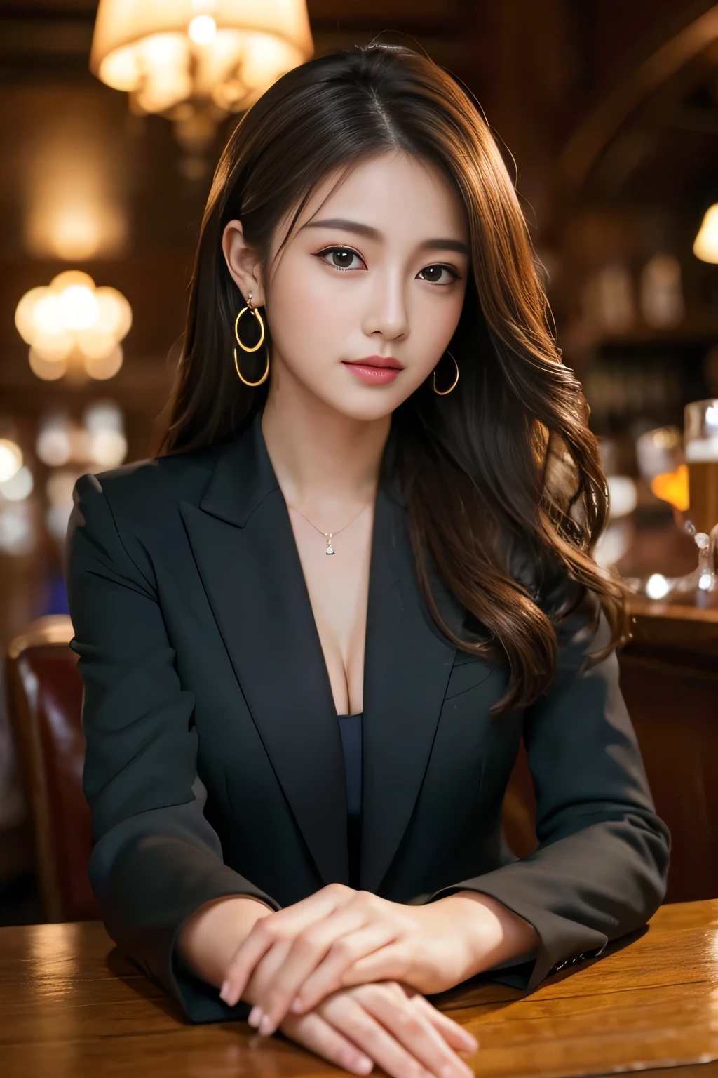 masterpiece, Highest quality, Realistic, Very detailed, Finer details, High resolution, 8k wallpaper, One beautiful woman, Wear a nice suit, In a great restaurant, At night, Light brown messy hair, Perfect dynamic composition, Beautiful and beautiful eyes、Big earrings、Sit on a chair
