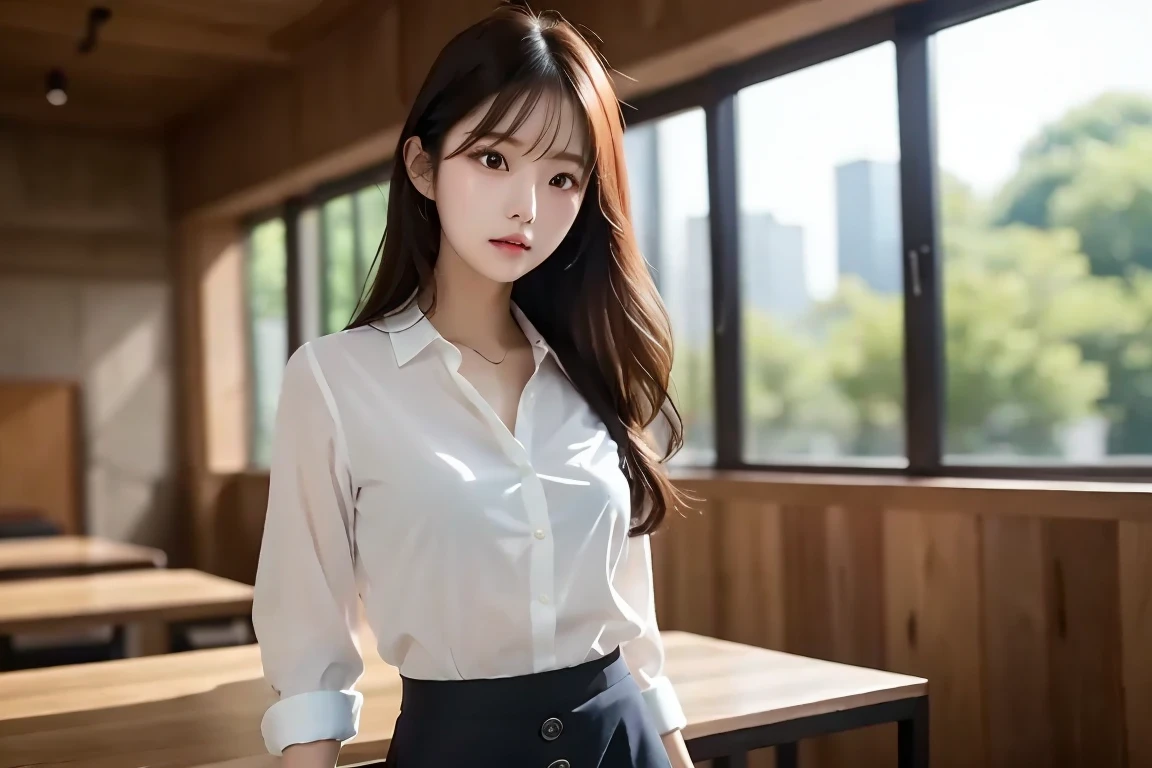 Korean school uniform、summer school uniform shirt、Tight shirt、Ribbon Ties、skirt by the、schools、stairs at school、chest lifting pose、Emphasis on the chest、Slender and big、8K raw photos、A high resolution、18-year-old Korean、embarrassing looking、very large round breasts、Beautiful eyes finely detailed、long eyelasher、beautiful double eyelid、eye shadows、eyeline、slender eyes、Elongated eye shape、Sanpaku eyes、beautiful and thin legs、Beautiful slender thighs、Random Shorthair、Tie your hair behind your head、耳Nipple Ring、Light brown hair、(Wear pantyhose)、hugging his knees