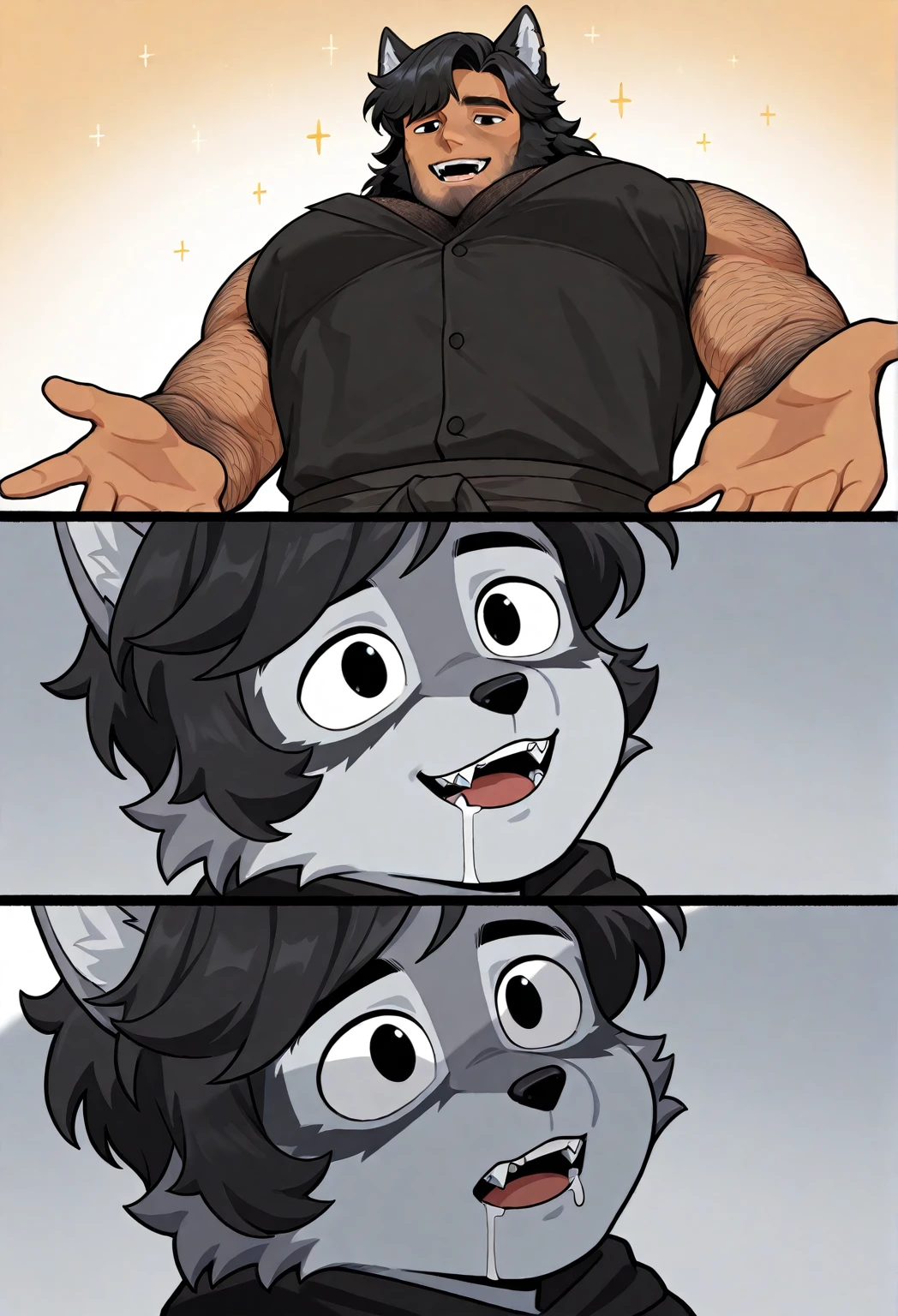 Male, Mr. Wolf, the bad guys, furry, canine, shirtless, ripped clothing, ((Mr. Wolf transformation)), human, bright glowing eyes, confused expression, canine penis, sheath, sharp teeth, detailed mouth, hypnosis, hypnotic eyes, bright glowing eyes, transformation sequence, transformation series