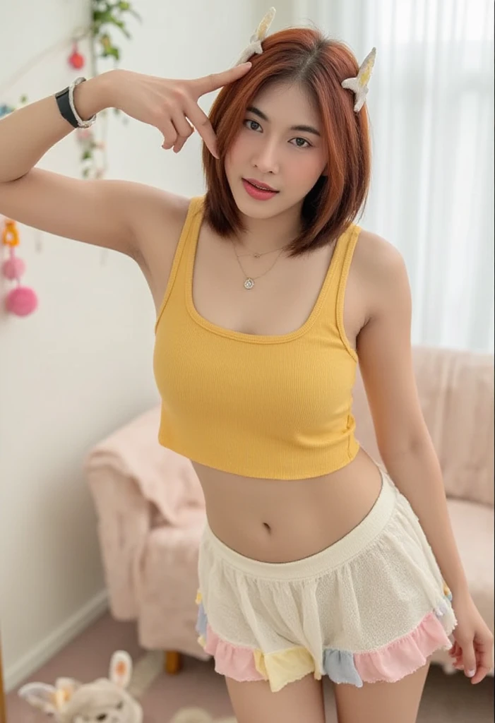 small head,  (perfect bodies: 1.1), (shoulder length straight short hair:0.9), （极其细致的CG 8k壁纸），（Extremely refined and beautiful），（masterpiece），（best qualtiy：1.0），（超高分辨率：1.0），(upper body:1.3)，[A high resolution]，cheerfulness，Smile,(Smooth and flawless fair skin:1.5),ultra - detailed,Elongated legs,(Small breasts:1.1),Flat chest,Slim，emaciated,(yellow T-shirt:1.5),(white pantyhose),(round hips:1.3),(sharply hips:1.5),In kitchen,blue green backgroundstanding,(from front:1.3),(Close shot:1.3),nightfall，warm light,Several dishes on table,standing,(cowboy shot:1.3),(Portrait photo:1.3)