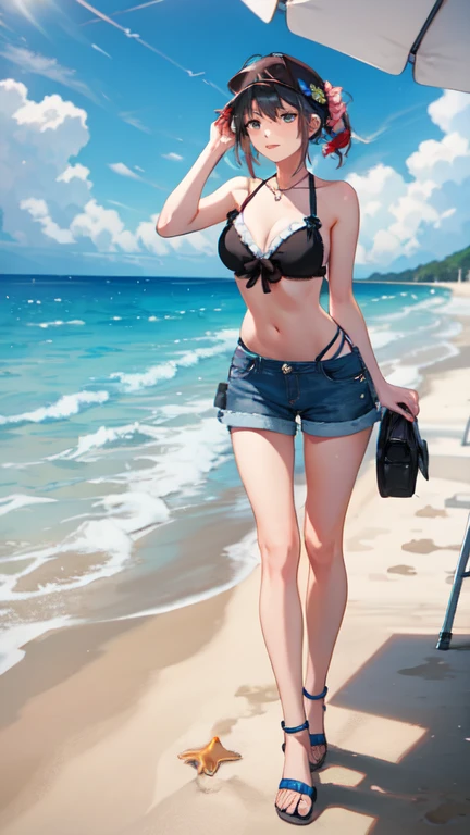 landscape, summer, blue sky, Okinawa, private Beach, Cove, Ocean, unmanned, Beach, Nobody, Hot Weather, sun, HD detailed, Super detailed, movie, Hyperrealism, Soft Light, Deep focus bokeh, Ray Tracing, gwise on art station pixiv, Makoto Shinkai, ArtJam、24-year-old woman、long hair、Micro Bikini Wear、Wear sandals、Beachにいる、Vision