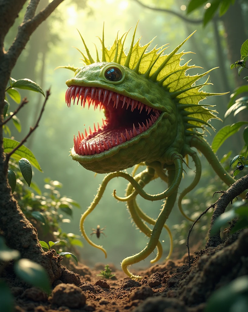 Mutated venus fly trap carnivorous plant, using its roots to drag itself across the jungle